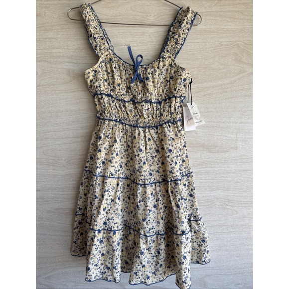 Japna Dresses & Skirts - NWT JAPNA linen blend blue and white floral babydoll mini dress Sz XS